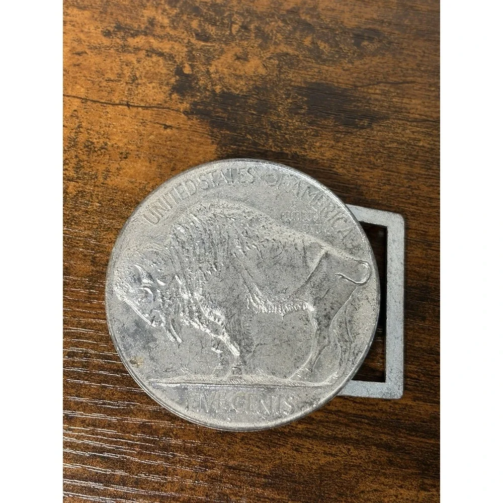 Vintage US Buffalo Nickel Belt Buckle Silver Tone Five Cent Design Metal